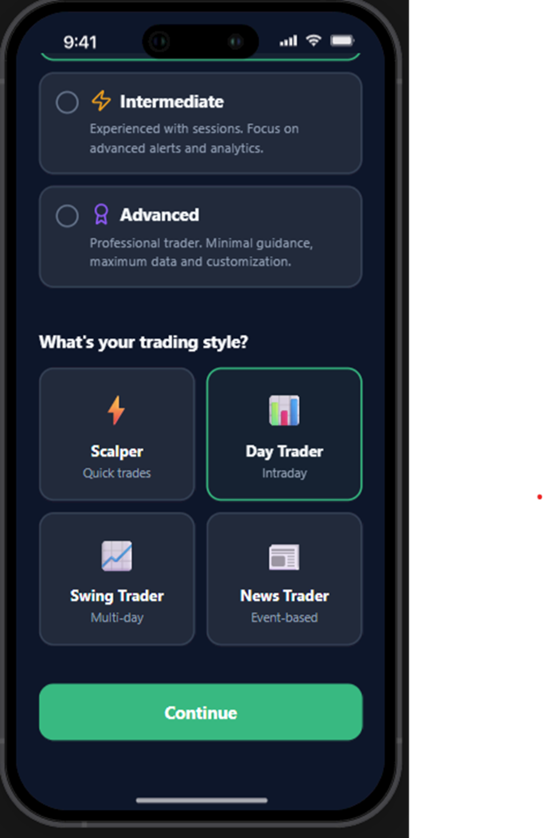 Trading style selection screen showing Scalper, Day Trader, Swing Trader, and News Trader options