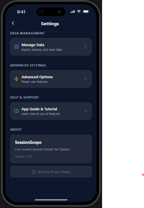 Settings screen with notification preferences, pip values, and volatility index toggles