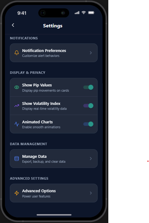 Data management and about screen showing app version and backup options